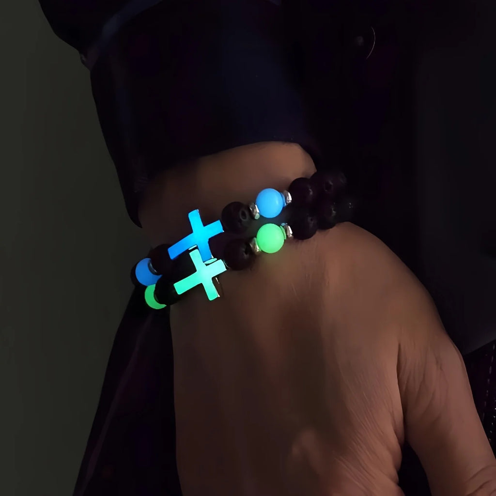 Glowing bracelet with hashtag symbol on a wrist against a dark background