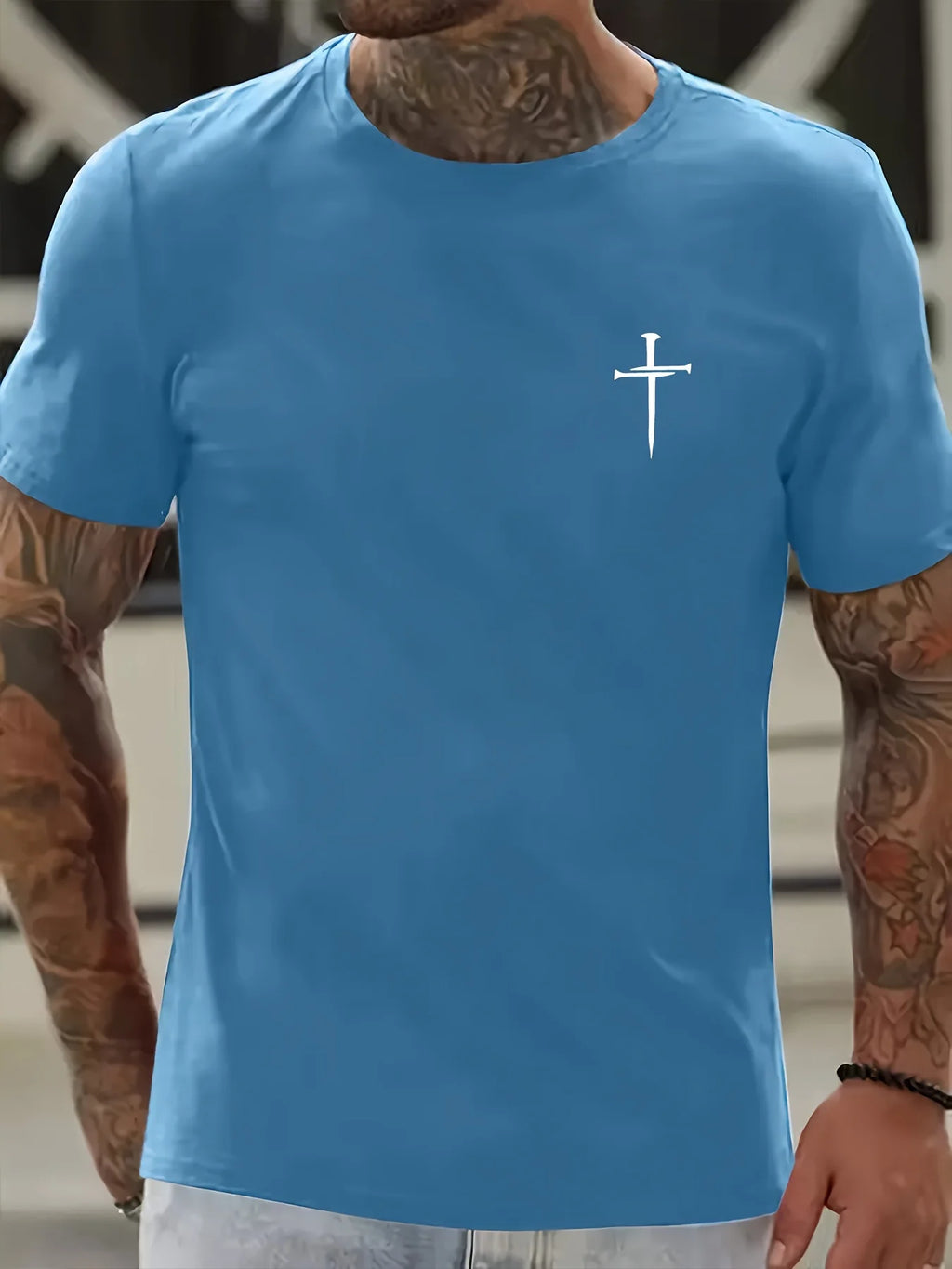 綿100％ メンズ 信仰モチーフ カジュアル ルーズTシャツ | 十字架プリント 丸首 半袖Tシャツ