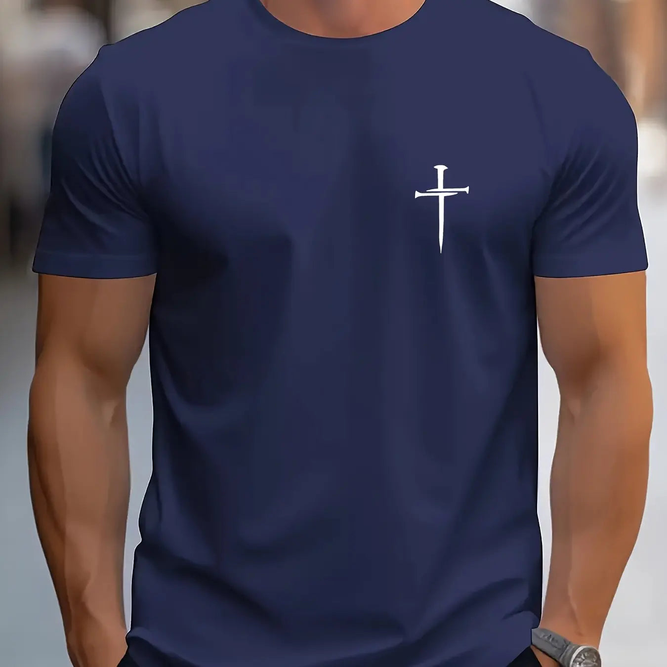 綿100％ メンズ 信仰モチーフ カジュアル ルーズTシャツ | 十字架プリント 丸首 半袖Tシャツ
