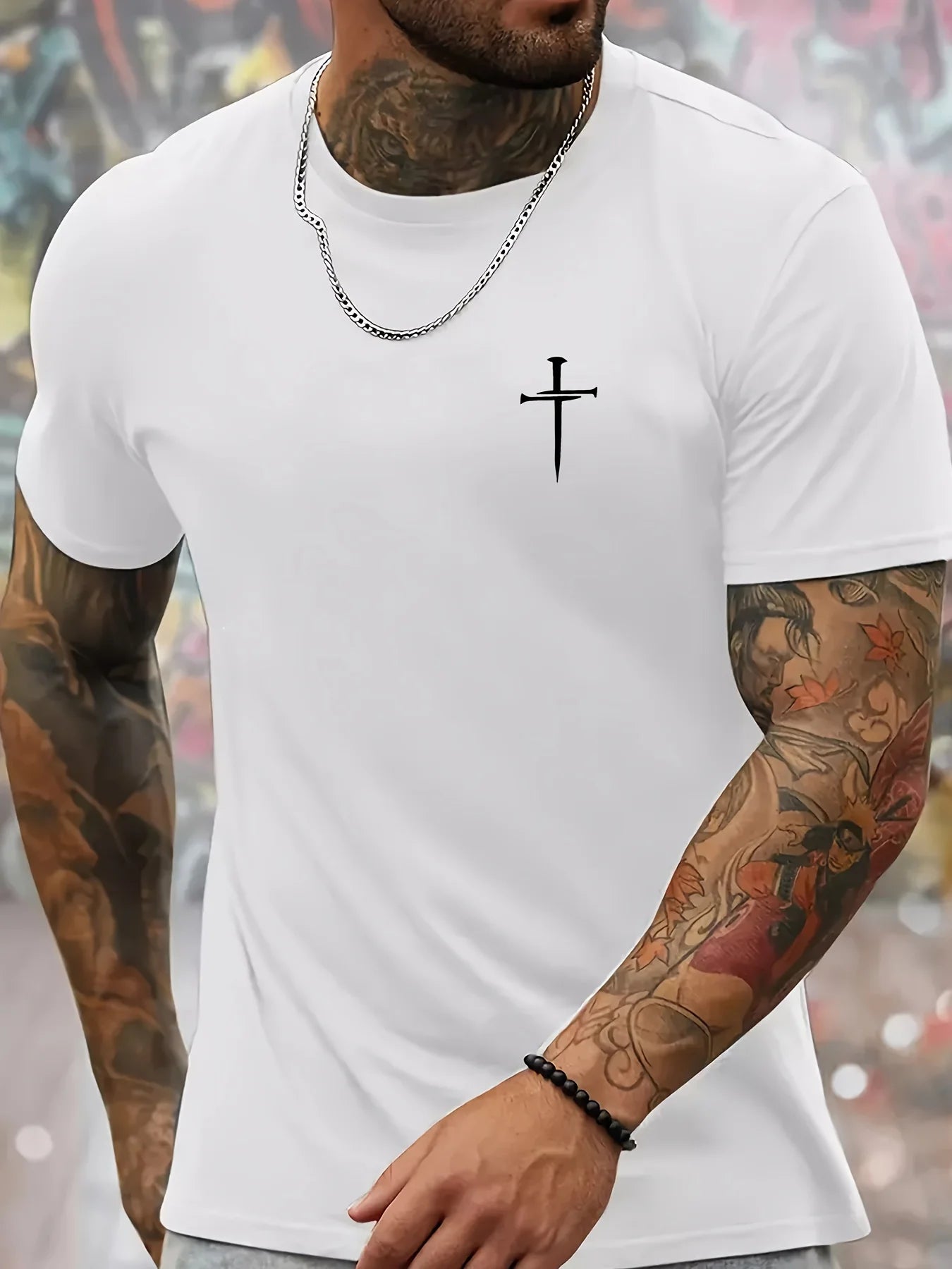 綿100％ メンズ 信仰モチーフ カジュアル ルーズTシャツ | 十字架プリント 丸首 半袖Tシャツ