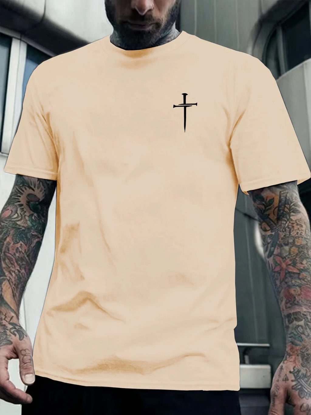 綿100％ メンズ 信仰モチーフ カジュアル ルーズTシャツ | 十字架プリント 丸首 半袖Tシャツ