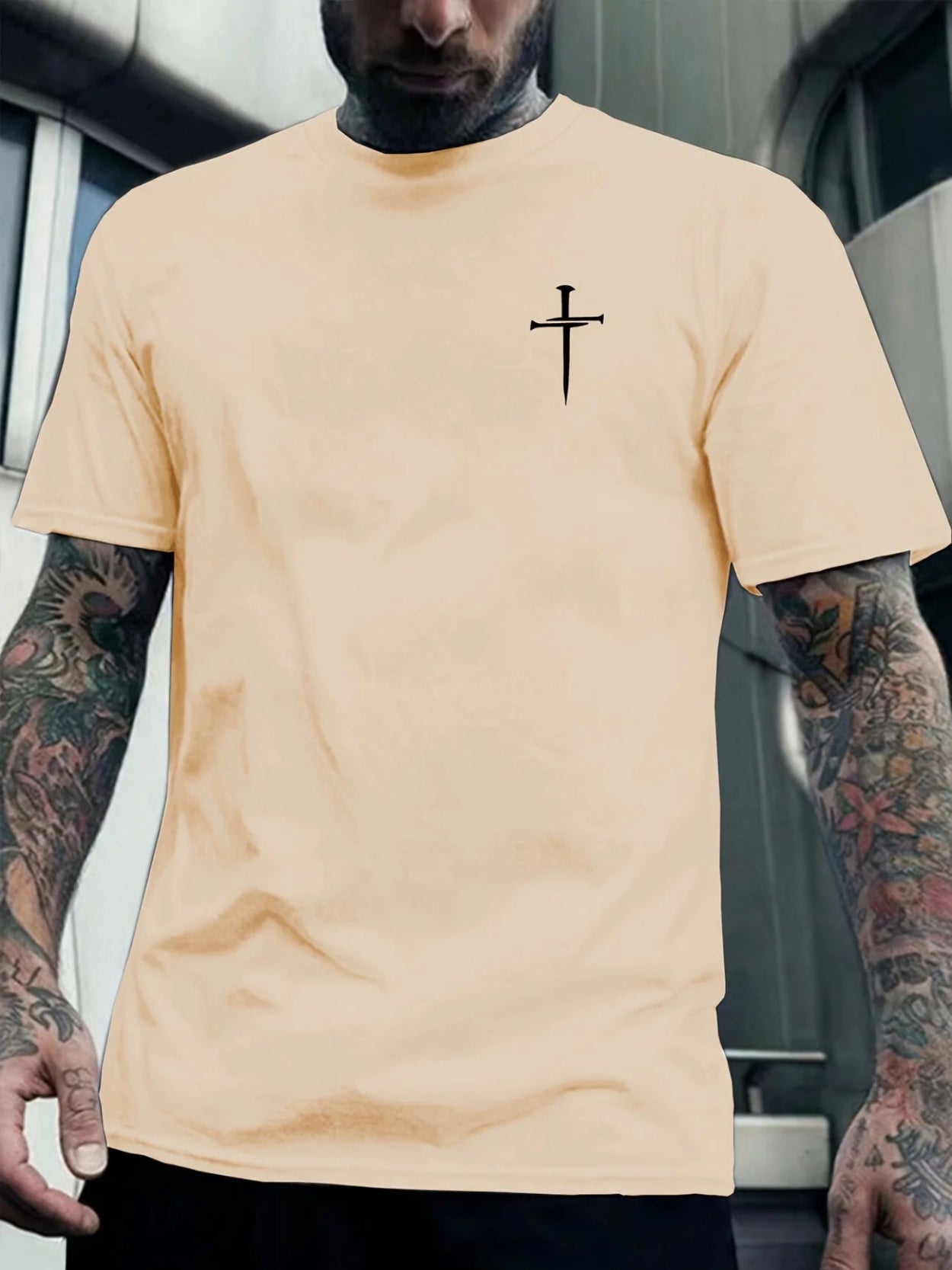 綿100％ メンズ 信仰モチーフ カジュアル ルーズTシャツ | 十字架プリント 丸首 半袖Tシャツ