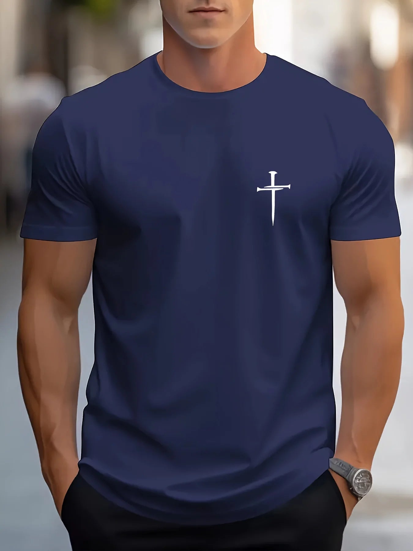 綿100％ メンズ 信仰モチーフ カジュアル ルーズTシャツ | 十字架プリント 丸首 半袖Tシャツ