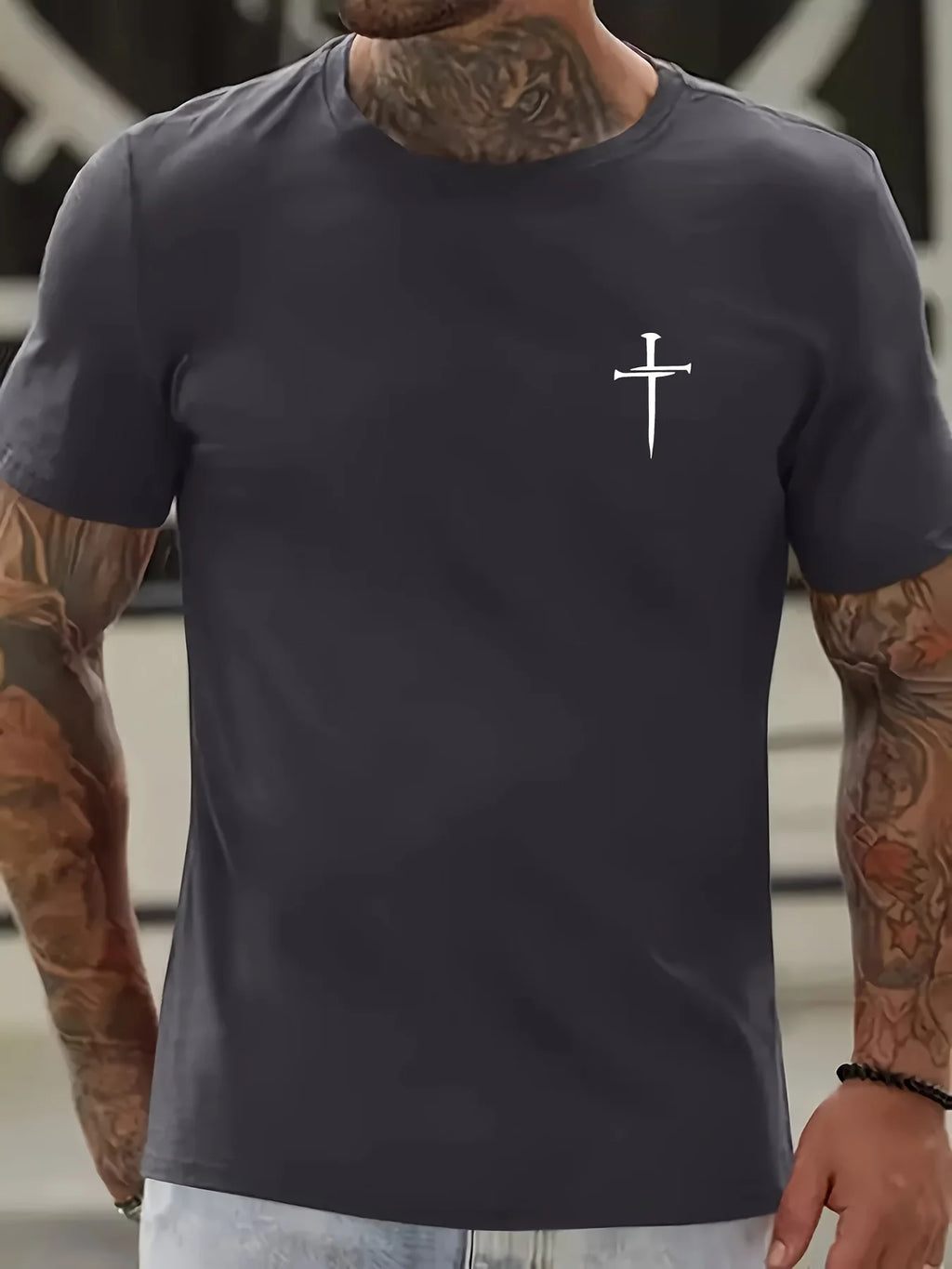 綿100％ メンズ 信仰モチーフ カジュアル ルーズTシャツ | 十字架プリント 丸首 半袖Tシャツ