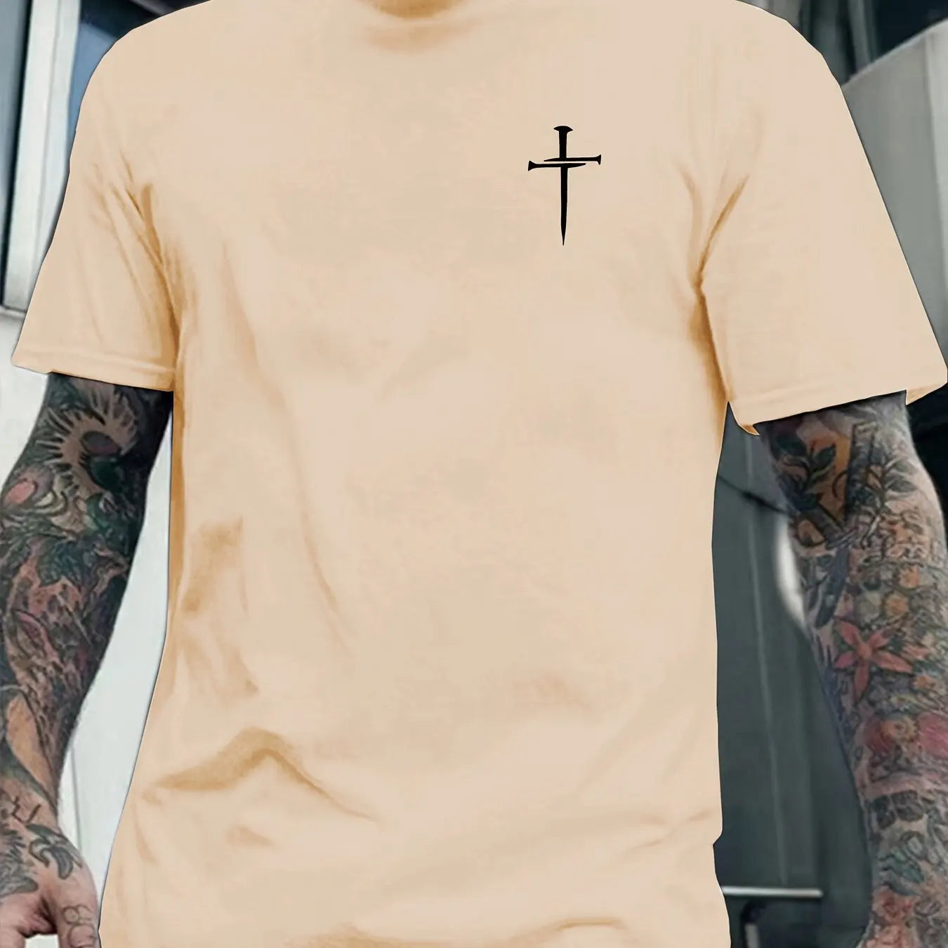 綿100％ メンズ 信仰モチーフ カジュアル ルーズTシャツ | 十字架プリント 丸首 半袖Tシャツ